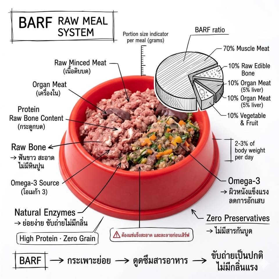 ระบบอาหารดิบ BARF Raw Meal System สัดส่วน 70% เนื้อ 10% กระดูก 10% เครื่องใน 10% ผัก